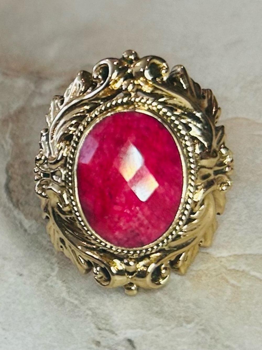 Nicky Butler Gold Toned Statement Cocktail Ring with Pink Faceted Cabochon